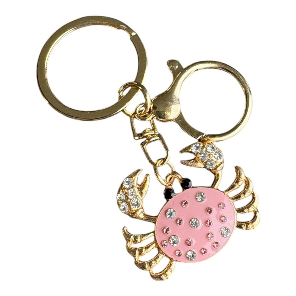 Women's Key Chain Pink Gold Tone 3" Crab Rhinestone Charm Enamel